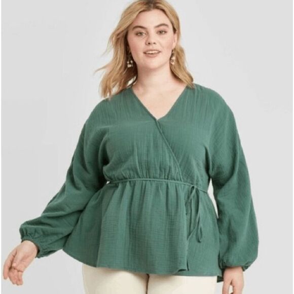 Ava & Viv Teal Green Faux Wrap Stretch Top - Picture 1 of 2